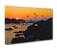 Landscape Baiona Spain Sunset & Birds Canvas Print | Gallery Wrapped 30mm Frame Wall Art | 30x20 inches | Ready to Hang | Modern Landscape Picture | Living Room Bedroom Lounge Office
