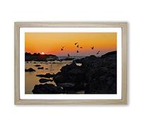 Landscape Baiona Spain Sunset & Birds Framed Print | A2 Oak Framed Wall Art | Ready to Hang | Modern Landscape Picture | Living Room Bedroom Lounge Office