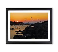 Landscape Baiona Spain Sunset & Birds Modern Framed Print | A2 Black Framed Wall Art | Ready to Hang | Modern Landscape Picture | Living Room Bedroom Lounge Office
