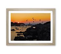 Landscape Baiona Spain Sunset & Birds Modern Framed Print | A4 Oak Framed Wall Art | Ready to Hang | Modern Landscape Picture | Living Room Bedroom Lounge Office