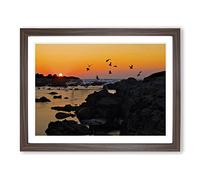 Landscape Baiona Spain Sunset & Birds Modern Framed Print | A4 Walnut Framed Wall Art | Ready to Hang | Modern Landscape Picture | Living Room Bedroom Lounge Office