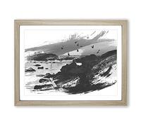 Landscape Baiona Spain Sunset & Birds V1 Modern Framed Print | A3 Oak Framed Wall Art | Ready to Hang | Modern Landscape Picture | Living Room Bedroom Lounge Office
