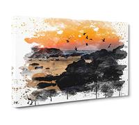 Landscape Baiona Spain Sunset & Birds V3 Canvas Print | Gallery Wrapped 30mm Frame Wall Art | 30x20 inches | Ready to Hang | Modern Landscape Picture | Living Room Bedroom Lounge Office