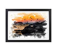 Landscape Baiona Spain Sunset & Birds V3 Framed Print | A2 Black Framed Wall Art | Ready to Hang | Modern Landscape Picture | Living Room Bedroom Lounge Office