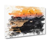 Landscape Baiona Spain Sunset & Birds V3 Modern Canvas Wall Art Print Ready to Hang, Framed Picture for Living Room Bedroom Home Office Décor, 20x14 Inch (50x35 cm)