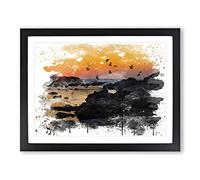Landscape Baiona Spain Sunset & Birds V3 Modern Framed Print | A2 Black Framed Wall Art | Ready to Hang | Modern Landscape Picture | Living Room Bedroom Lounge Office