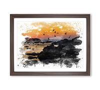 Landscape Baiona Spain Sunset & Birds V3 Modern Framed Print | A2 Walnut Framed Wall Art | Ready to Hang | Modern Landscape Picture | Living Room Bedroom Lounge Office