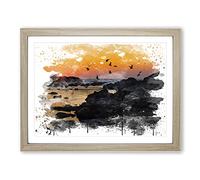 Landscape Baiona Spain Sunset & Birds V3 Modern Framed Print | A4 Oak Framed Wall Art | Ready to Hang | Modern Landscape Picture | Living Room Bedroom Lounge Office