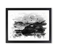 Landscape Baiona Spain Sunset & Birds V4 Modern Framed Print | A2 Black Framed Wall Art | Ready to Hang | Modern Landscape Picture | Living Room Bedroom Lounge Office