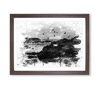 Landscape Baiona Spain Sunset & Birds V4 Modern Framed Print | A2 Walnut Framed Wall Art | Ready to Hang | Modern Landscape Picture | Living Room Bedroom Lounge Office