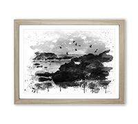 Landscape Baiona Spain Sunset & Birds V4 Modern Framed Print | A3 Oak Framed Wall Art | Ready to Hang | Modern Landscape Picture | Living Room Bedroom Lounge Office
