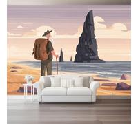 Landscape Beach Hikers Wall Mural Wallpaper, Non Self Adhesive Paste The Wall Mural for Living Room Bedroom, Khaki High Definition Art Wall Decor - 400 x 280 cm (W x H)