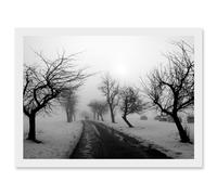 Landscape Black White Snow Winter Tree A4 Artwork Framed Wall Art Print Artery8 White One Size