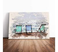 Landscape Brighton Beach Deckchairs - | Canvas Wall Art Print | Framed & Ready to Hang Picture | Modern Home Decor for Living Room, Bedroom, Kitchen or Office | 20x14 Inches