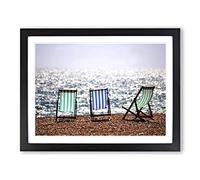 Landscape Brighton Beach Deckchairs Modern Framed Print | A4 Black Framed Wall Art | Ready to Hang | Modern Beach Picture | Living Room Bedroom Lounge Office