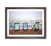 Landscape Brighton Beach Deckchairs Modern Framed Wall Art Print, Ready to Hang Picture for Living Room Bedroom Home Office Décor, Walnut A3 (46 x 34 cm)