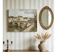 Landscape Canvas Wall Art, Stone Bridge River Village Painting, European Town Impressionist Print for Living Room Hallway Office, Vintage Wall Decor, Ready to Hang, Tabletop Display, 8x10 Inches