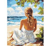 Landscape DIY Craft Latch Hook Rug Kits,Girl's Back on The Beach,Printed Carpet Crochet Yarn Kits,Handcraft Cushion Crocheting Hook Home Decoration for Family Friends,55x75cm