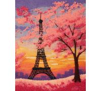 landscape DIY Latch Hook Rug Kits for Adults,Eiffel Tower and cherry blossom trees,Tapestry Pre-Printed Patterns Carpet Needlework Crochet Yarns Latch Hooking Mat Cushion for Home Decor,80x160cm