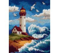 landscape DIY Latch Hook Rug Kits for Adults,Lighthouse and seagulls on the seashore,Tapestry Pre-Printed Patterns Carpet Needlework Crochet Yarns Latch Hooking Mat Cushion for Home Decor,80x160cm