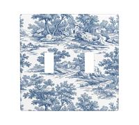 Landscape Double Light Switch Cover Plate, Classic Rustic Trees Houses None Blue Plastic Standard Size Wall Switch Plates Accents for Bedroom Bathroom Kitchen Entrance Decor