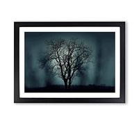 Landscape Dusky Blue Tree Scene Framed Print | A2 Oak Framed Wall Art | Ready to Hang | Modern Floral Picture | Living Room Bedroom Lounge Office