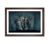 Landscape Dusky Blue Tree Scene Framed Print | A2 Walnut Framed Wall Art | Ready to Hang | Modern Floral Picture | Living Room Bedroom Lounge Office