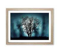 Landscape Dusky Blue Tree Scene Modern Framed Print | A2 Oak Framed Wall Art | Ready to Hang | Modern Floral Picture | Living Room Bedroom Lounge Office
