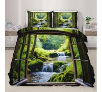 Landscape Duvet Cover Double Window View Bedding Quilt Cover 3 Pcs, 3D Landscape Print Reversible Bedding Set Ultra Soft Brushed Microfiber Bed Set Bedroom Decor, 2 Pillowcases b3219
