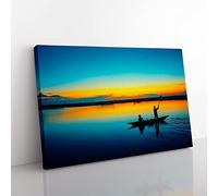 Landscape Evening Sunset Boat No.6 Modern Canvas Wall Art Print Ready to Hang, Framed Picture for Living Room Bedroom Home Office Décor, 76x50 cm (30x20 Inch)