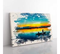 Landscape Evening Sunset Boat No.6 Modern FC Canvas Wall Art Print Ready to Hang, Framed Picture for Living Room Bedroom Home Office Décor, 60x40 cm (24x16 Inch)