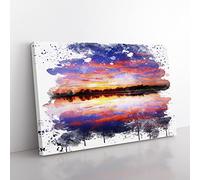 Landscape Evening Sunset Lake No.3 V3 Modern Canvas Wall Art Print Ready to Hang, Framed Picture for Living Room Bedroom Home Office Décor, 76x50 cm (30x20 Inch)