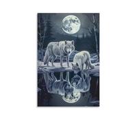 Landscape Fantasy Snow Moon Wild Animals White Wolf Posters Room Decor Aesthetic Canvas Wall Art for Living Room Bedroom Prints Paintings Pictures Wall Decor Framed Unframed 20x30inch(50x75cm)