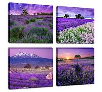 Landscape Flower Picture Canvas Wall Art Contemporary Vibrant Purple Lavender Flowers Painting Fantastic Provence Fields Artwork Sets of 4 Piece Canvas Print for Bedroom Decoration