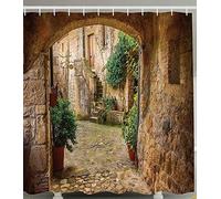 Landscape from another Door Antique Stone Village Tuscany Italian Valley Scenery Decor Shower Curtain Fabric Bathroom Decor with Hooks 72 X 72 Inch
