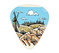 Landscape Guitar Picks 12 Pack Universal ABS Guitar Picks,Illustration of a Windmill and Hay Bales Harvest,for Acoustic and Electric Guitar,Pale Brown Earth Yellow