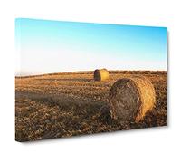 Landscape Hay Bales on a Field No.3 Modern Canvas Wall Art Print Ready to Hang, Framed Picture for Living Room Bedroom Home Office Décor, 24x16 Inch (60x40 cm)