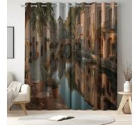 Landscape Kids Room Curtains Warm Beige, Blackout Curtains, Thermal Curtains, Eyelet Curtains, Canal Stone Bridge Reflection, Privacy, W 46" x L 54", Noise Reducing, Room Darkening