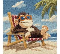 Landscape Latch Hook Kit for Cushion Making,Monkey on a Beach Chair,Complete DIY Craft Kit with Yarn, Hook Tool & Guide,Stress Relief Art Project for Adults/Teens,17x17in
