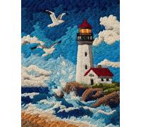 landscape Latch Hook Rug Kit for Adults,Lighthouse and seagulls on the seashore,Printed Canvas Crochet Yarn Floor Mat Embroidery DIY Hook and Latch Kit Carpet for Christmas Decoration,52x38cm