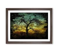 Landscape Lone Tree Setting Sun Modern CB Framed Wall Art Print, Ready to Hang Picture for Living Room Bedroom Home Office Décor, Walnut A4 (34 x 25 cm)