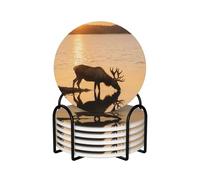 Landscape Moose in The River Coasters for Drinks,Absorbent Ceramic Coasters Set of 6 with Cork Base,Funny Cup Beverage Coaster with Holder Drink Coaster Cup Mat Pad for Tabletop Protection