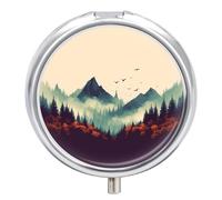 Landscape Mountain Pill Case Portable Round Pill Box with Mirror 3 Compartments Small Pill Organizer for Pocket Purse Pill Container for Vitamins Fish Oil Medicine Organizer Travel Gift