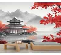 Landscape Murals Japanese Style Building Mountain Art Deco Wallpaper Rocks and Tree Wallpaper Red Leaves Tree Bedroom Wall Paper for Bedroom Living Room Sofa TV Background Large Wall Mural Poster