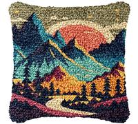Landscape of Sunset Mountain Tree Latch Hook Pillow Kit for Adults with Printed Canvas Crochet Yarn DIY Throw Pillow Cover Needle Craft Handmade Cushion for Home Sofa Decor 43x43cm(2)