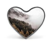 Landscape of Trees And Mountain Surrounded by Fog Badges Heart with Button Design, Personalized Picture Pin Brooches, Heart Badge Holders for Decorate Hat Shirt Clothing Bag Accessories