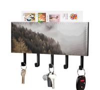 Landscape of Trees And Mountain Surrounded by Fog Key Holder for Wall Self Adhesive Leather Key Rack Large Decorative Keys Hooks with 5 Hooks Hanging Keys Rack for Living Room Office Black-style