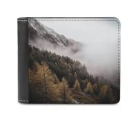 Landscape of Trees And Mountain Surrounded by Fog Wallet Passcase for Men, Extra Capacity Bifold Leather Wallets with ID Windows, Slim Stylish Wallet for Gift, Blocking Money Clip for Cards, Coin Pouc