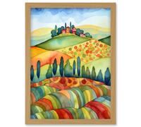 Landscape Of Tuscany House On The Hill Folk Art Artwork Framed Wall Art Print A4 Artery8 Light Oak One Size