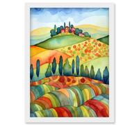 Landscape Of Tuscany House On The Hill Folk Art Artwork Framed Wall Art Print A4 Artery8 White One Size